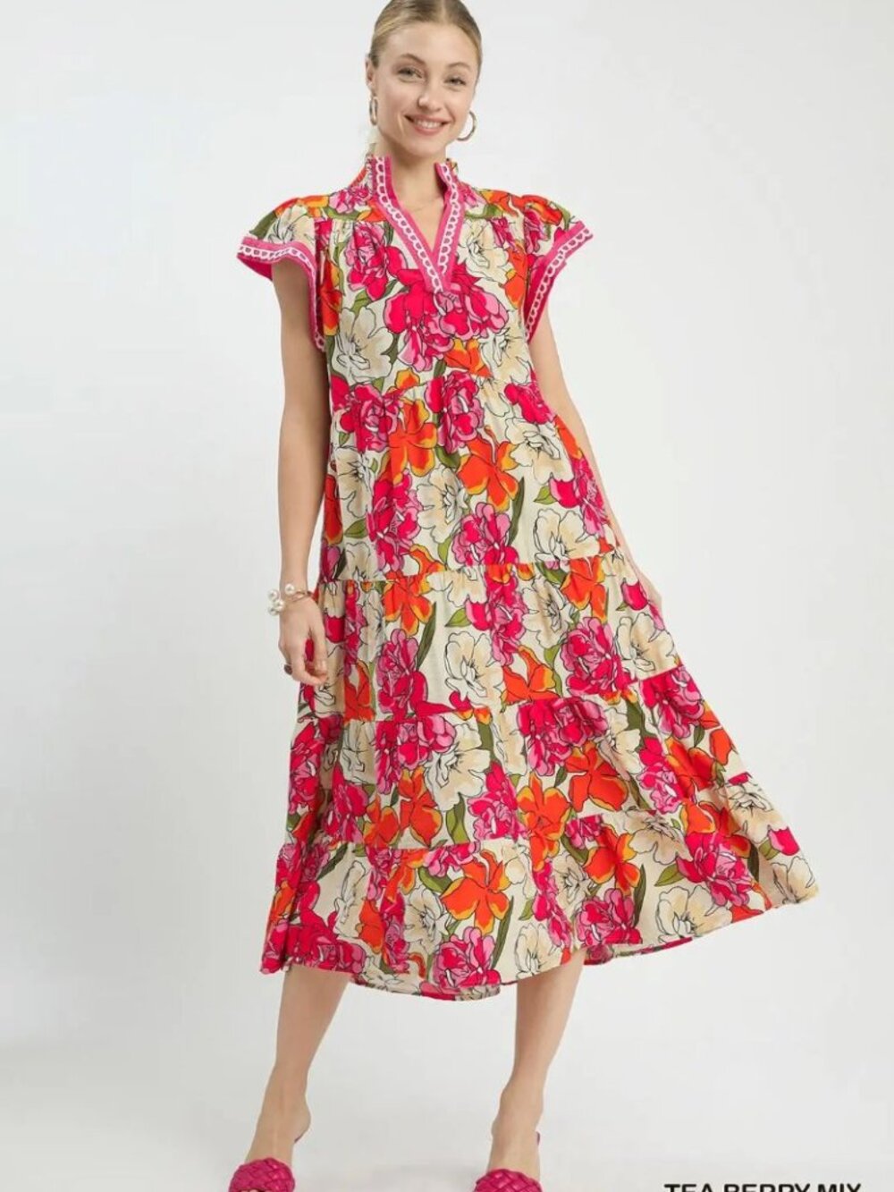 Umgee Mix Bold Floral Tiered Midi Dress – Teaberry Mix🛍️